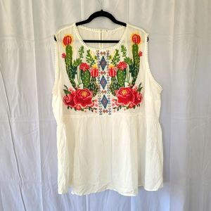 Savanna Jane Cactus Floral Embroidered White Tank Top 3X